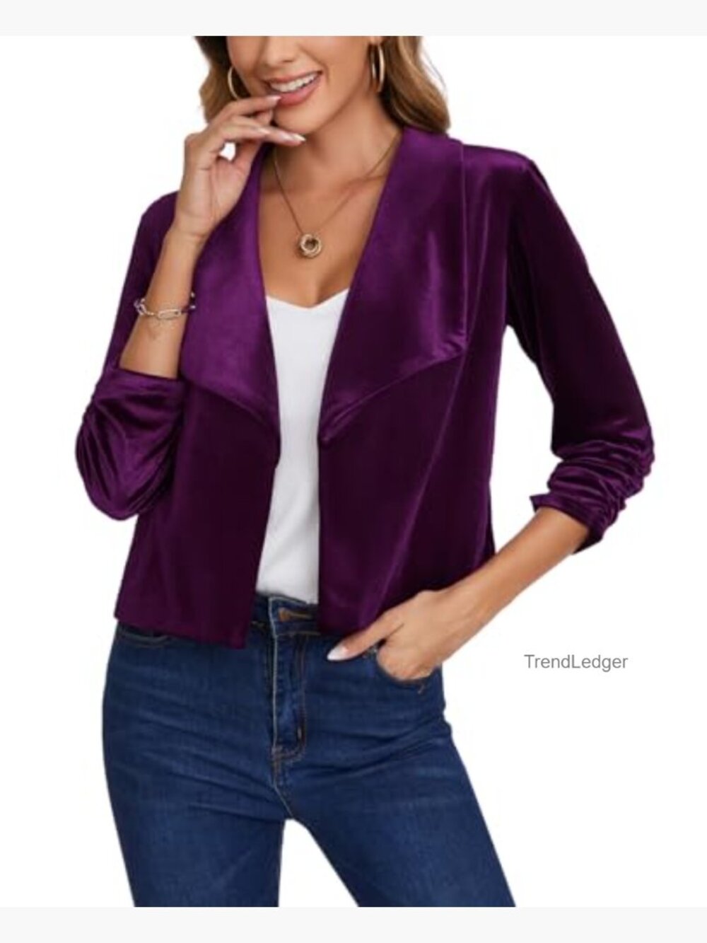 Womens Velvet Blazer Shawl Collar 3/4 Ruched Sleeve Open Front Business Work - Picture 4 of 6